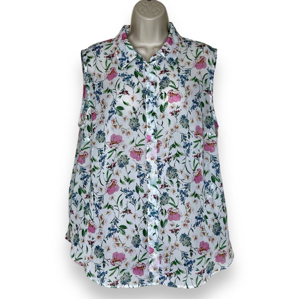 H&M+ Floral Chiffon Sleeveless Button Front Semi Sheer Poly Blouse Women Size 16
